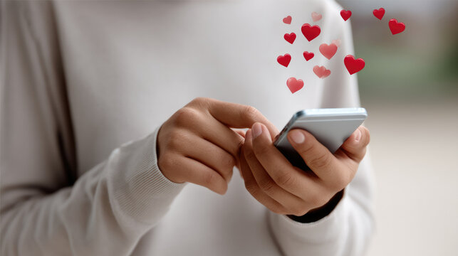 Hands holding smartphone with red heart icons floating, symbolizing online love, dating, or social media affection, close up view