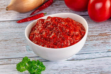 Bulgarian traditional lutenica pepper sauce