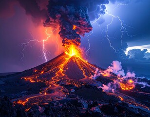 A dramatic depiction of an erupting volcano with molten lava flows, surrounded by a dramatic lightning storm