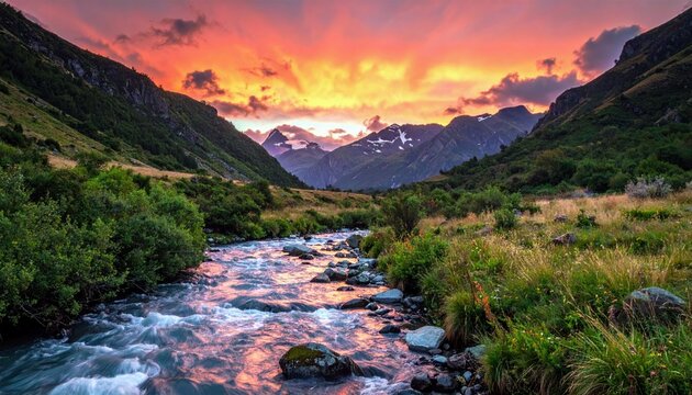 A scenic mountain landscape at sunset, featuring a winding river, lush green vegetation, and snow-capped peaks under a dramatic sky. - Powered by Adobe