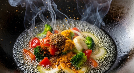 Sizzling colorful vegetables stir-fried in a hot wok with steam rising.