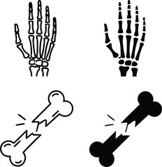 Set of hand skeleton and broken bone icons in outline and silhouette styles