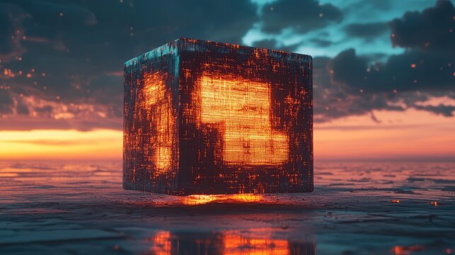 Digital cube glowing on futuristic ocean at sunset - Powered by Adobe