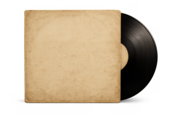 Lp vinyl record with blank vintage brown paper sleeve on transparent background, symbolizing old music and retro nostalgia