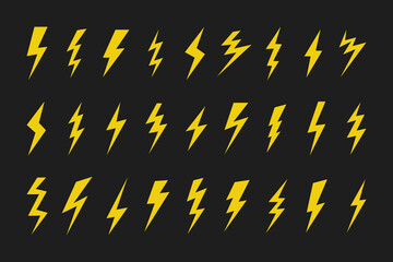Lightning bolt or thunderbolt icon. Yellow flash icon set. Energy, thunder, charge, storm, power, blitz, electricity