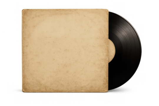 Lp vinyl record with blank vintage brown paper sleeve on transparent background, symbolizing old music and retro nostalgia