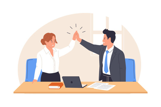 Illustration of High Five and Team Success. Two colleagues are giving a high-five, representing celebration, teamwork, and the successful of business goals in a supportive office environment
