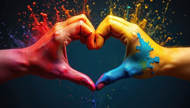 Two hands form heart shape creating colorful paint splashes. Diversity hands join, paint mix on dark background. Love concept with vibrant paint. - Powered by Adobe