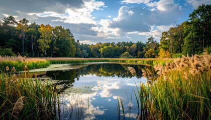 A tranquil lake is bordered by a dense forest and tall reeds, with the sky and clouds mirrored on the water's surface.
