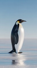 Naklejka premium Majestic emperor penguin stands tall on icy shore under clear blue sky.