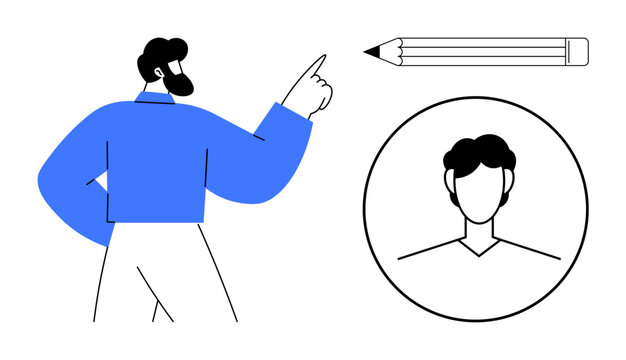 Man pointing at a pencil alongside a minimalist circular profile portrait. Ideal for education, creativity, personal branding, user profile, design, communication, and artistry themes. Simple flat