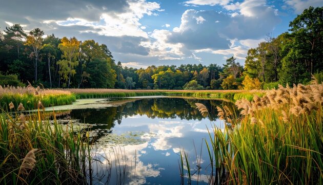 A tranquil lake is bordered by a dense forest and tall reeds, with the sky and clouds mirrored on the water's surface.