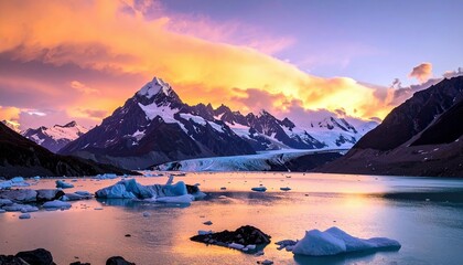 A dramatic sunset paints the sky with vibrant colors over a majestic mountain range with a glacier and icebergs floating in a serene lake.
