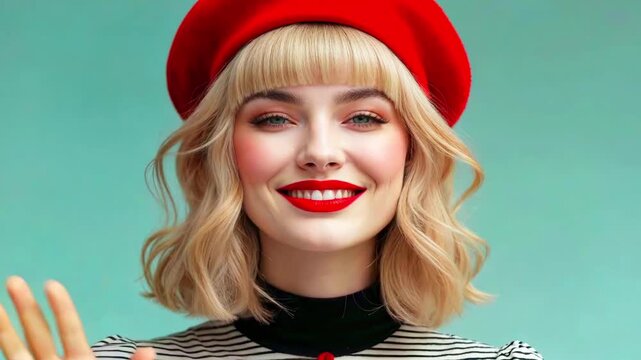 Attractive blonde in red beret waves at camera, wearing striped shirt, bright lipstick
