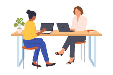 Illustration of Shared Working Spaces and Team Collaboration. This illustration depicts two colleagues working together on laptops at a shared desk, symbolizing teamwork and collaborative work