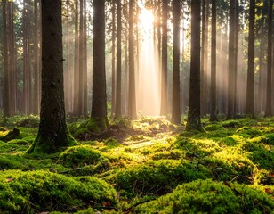 A forest scene bathed in golden sunlight filtering through the trees, illuminating moss-covered ground