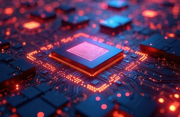 Microchip circuits glow with neon orange and pink lights. Detailed microelectronics board, computer hardware with glowing components. Digital network or data processing.