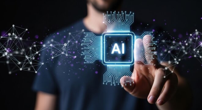 Person touches glowing artificial intelligence circuit board with connected network.