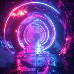 A futuristic corridor bathed in vibrant pink and blue neon light, reflecting on a wet, tiled floor with fog