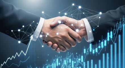 Two business people shaking hands with digital network and financial graph overlay.