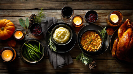 A Thanksgiving Day feast featuring roasted turkey, mashed potatoes, corn, green beans, and cranberry sauce. Decorated with candles and a pumpkin.