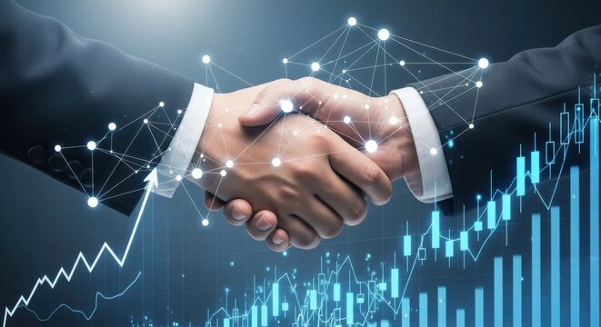 Two business people shaking hands with digital network and financial graph overlay.