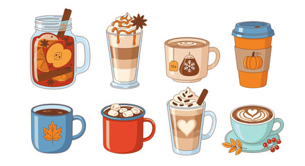 Collection of cozy autumn drinks in various cups and mugs, isolated on