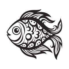 Stylized black and white fish displays swirling, patterned scales, with detailed fins and eye