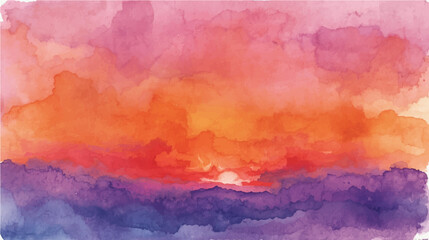 Abstract watercolor painting of a colorful sunset sky with blue, orange, red, and yellow textures
