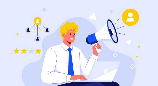 Man with megaphone and laptop promoting business and customer engagement with network connections and stars