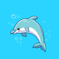 Fototapeta premium Cute Dolphin Swimming in Blue Water with Bubbles Vector Illustration Cartoon Design