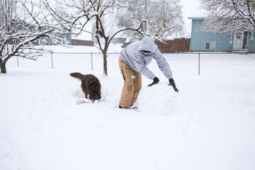 Person rolls snowball while dog plays nearby in snowy yard