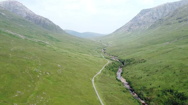 Aerial view of Glen Etive - filming location of SkyFall - Scotland, UK