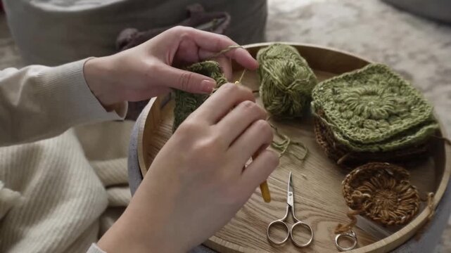Hands crocheting a green square motif surrounded by craft supplies