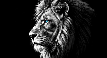 Naklejka premium Majestic lion with bright blue eyes and flowing mane on black background.