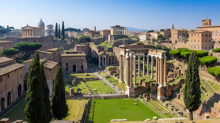 View of Roman Forum in Rome, Italy. Starting from the right: the Temple of Vespasian and Titus, the Temple of Saturn, the remains of the Basilica Julia and Palatine Hill.
