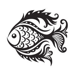Stylized fish adorned with intricate patterns swims through a monochrome world