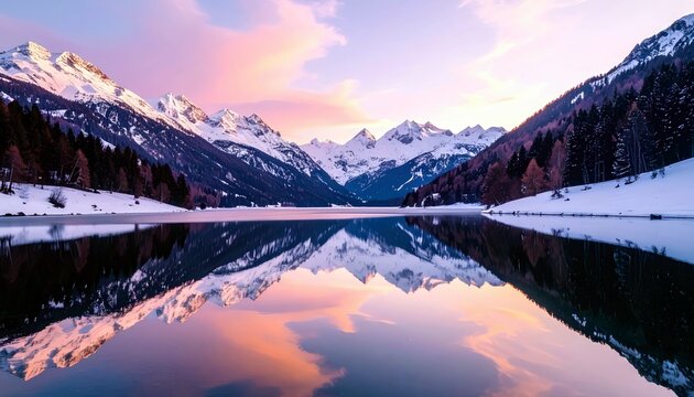 A tranquil lake mirrors snow-covered mountains and a colorful sky during the soft light of dawn.
