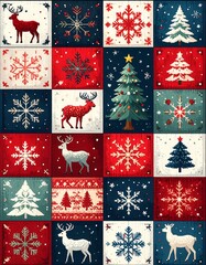 A grid arrangement showcases seasonal graphics of reindeer, snowflakes, and festive trees. A mix of colors creates a decorative, cozy design