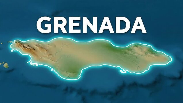 Grenada A Detailed Map Illustrating the Island's Geography and Topography, Featuring a Glowing Outline and Text Overlay Against a Dark Blue Background