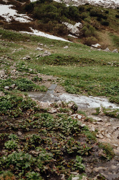 Small Steel Bridge over Mountain Stream in the Allg&auml;u Alps