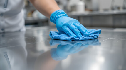 A person wearing blue gloves is cleaning a stainless steel surface with a blue cloth in a professional kitchen or industrial setting.
