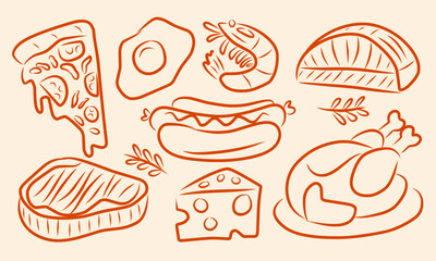 Hand-Drawn Food Set in Minimal Line Art for menu illustrations.