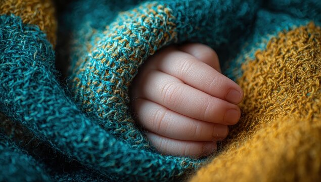 Vibrant photo of babys hand nestled in a colorful knitted blanket for warmth and comfort