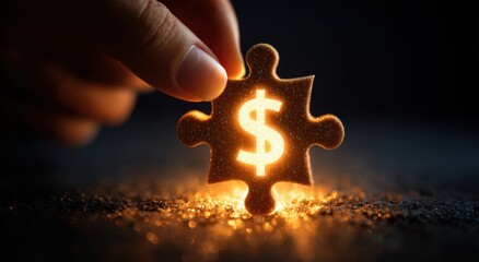 Vibrant photo of hand placing a glowing dollar sign puzzle piece on a dark surface