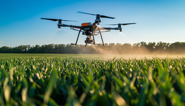 Agricultural drone spraying nutrients over green crop field under clear blue sky, advanced technology for precision smart farming, innovation in sustainable agriculture