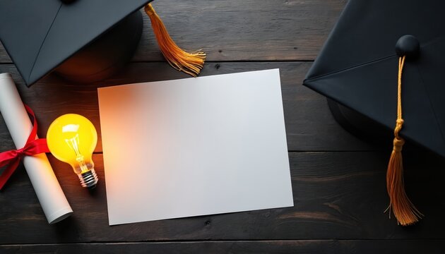 Graduation caps, diploma tied with ribbon, and glowing lightbulb on wooden background. Blank paper invites to celebrate academic achievement and new ideas.