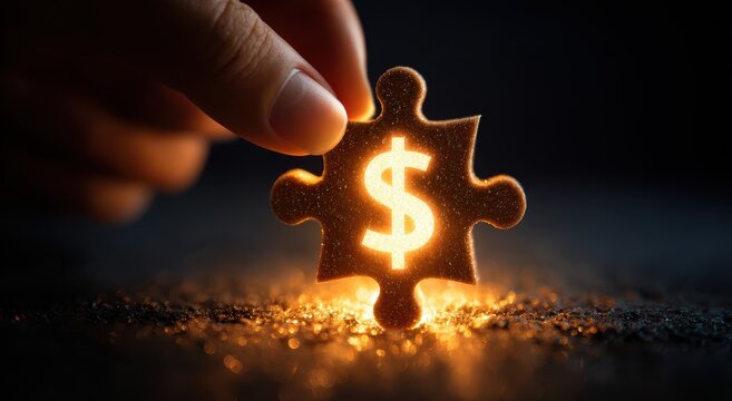 Vibrant photo of hand placing a glowing dollar sign puzzle piece on a dark surface