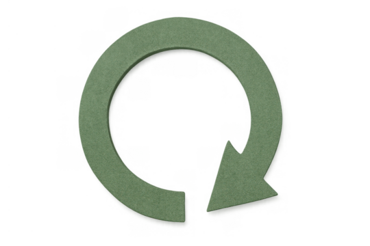Green felt arrow forming a circular symbol, illustrating concepts of recycling, reuse, and environmental protection
