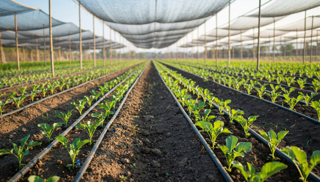 Automated drip irrigation lines in vegetable farm under shade netting, smart control valves optimize water usage, promoting healthy plant growth and efficient agriculture